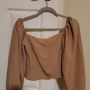 Square neck button front bishop sleeve blouse